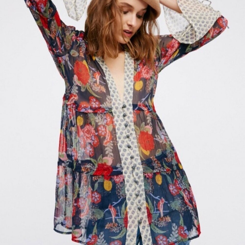 Free People Thunder Canyon Tunic Blouse Women's Small Floral Sheer Boho Cottage